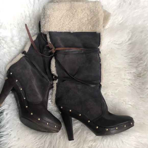 Michael Kors Shearling Fur Leather Studded Platform Clog Boots - Picture 2 of 9